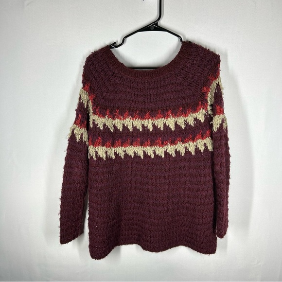 Free People Fuzzy Fair Isle Knitted Wool Sweater Gorpcore Winter Burgundy XS - Picture 7 of 10